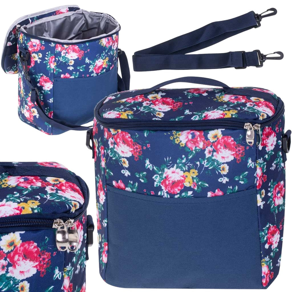 Thermal bag for lunch beach picnic 11L navy blue with flowers