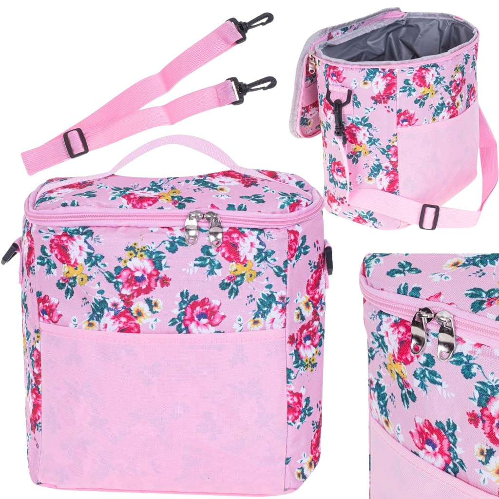 Thermal bag for lunch beach picnic 11L pink with flowers