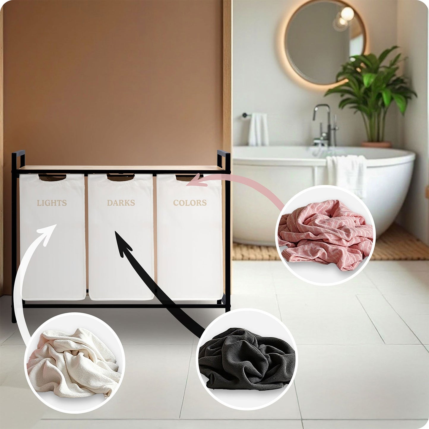 Three-Compartment Laundry Basket on Stand, 120L Capacity
