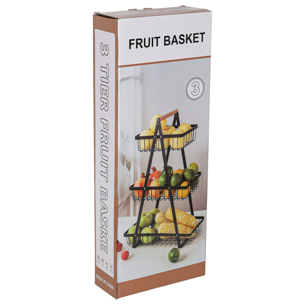 Three-Tier Metal & Wood Fruit Basket, Black