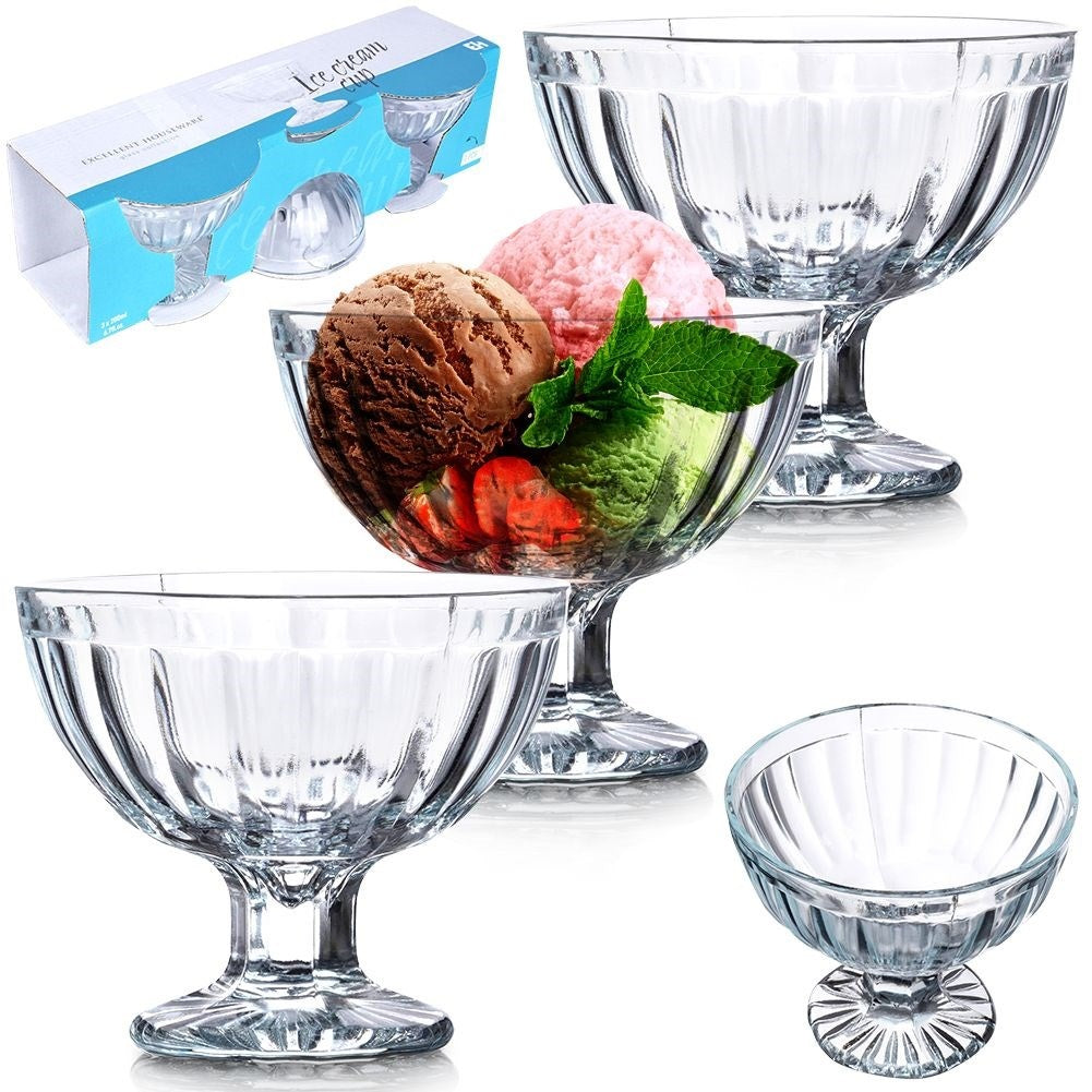 Three elegant glass dessert bowls, dishwasher safe