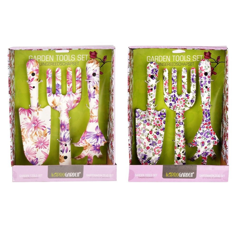Three essential garden tools with floral patterns