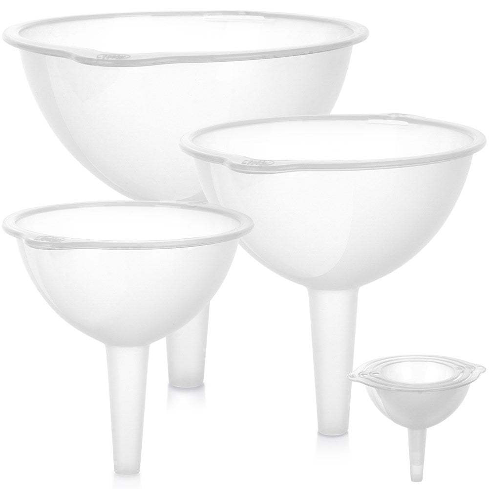 Three kitchen funnels in different sizes, transparent material