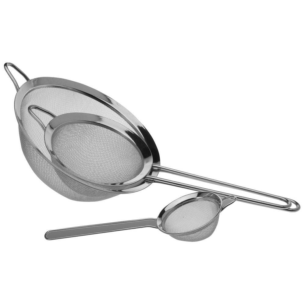 Three kitchen strainers in stainless steel, 8, 14, 20 cm