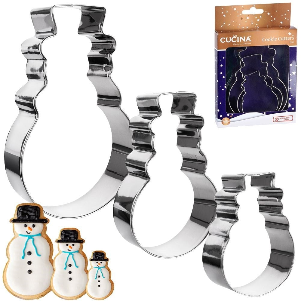 Three stainless steel snowman molds for Christmas baking