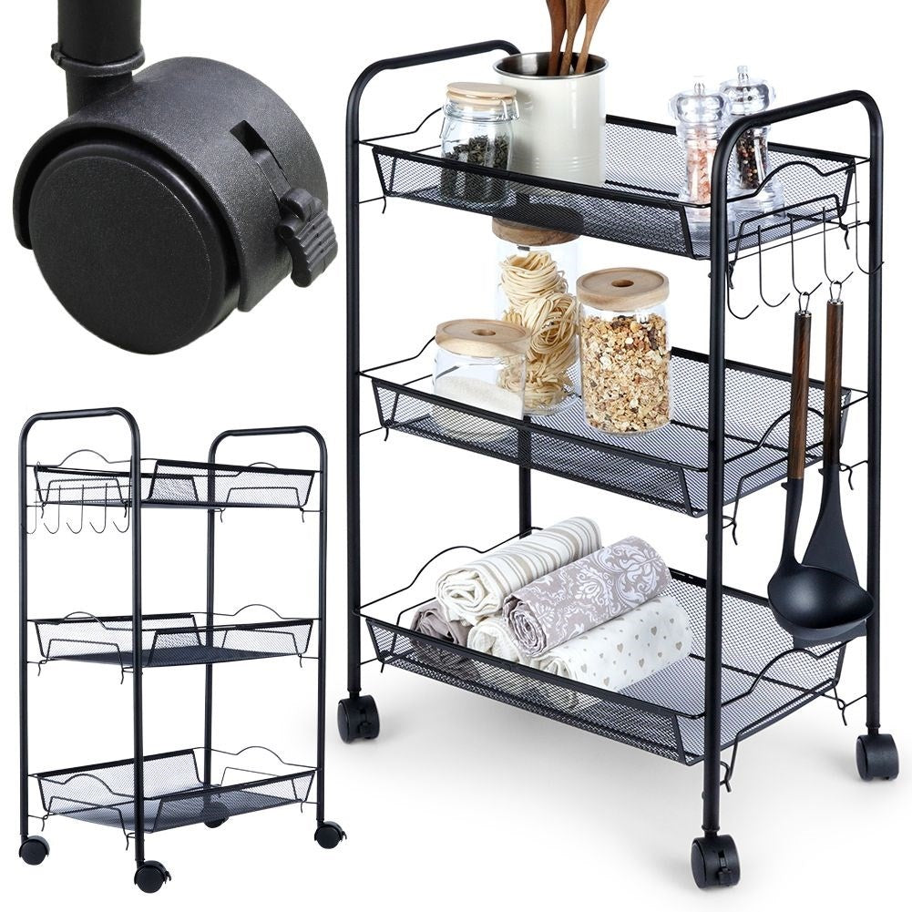 Three-story black metal cart on wheels for home, workshop & office