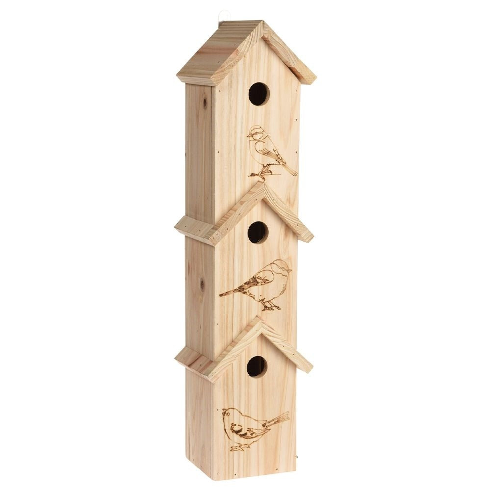 Three-story wooden birdhouseThis beautiful three-story birdhouse is made of high-quality wood and will be a unique decoration for your garden, terrace or balcony. The nest consists of three separate nests that together form a unit and has an openable