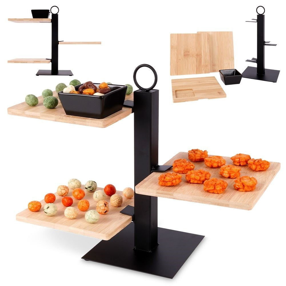 Three-tier serving tray in bamboo for charcuterie, cheese and snacks