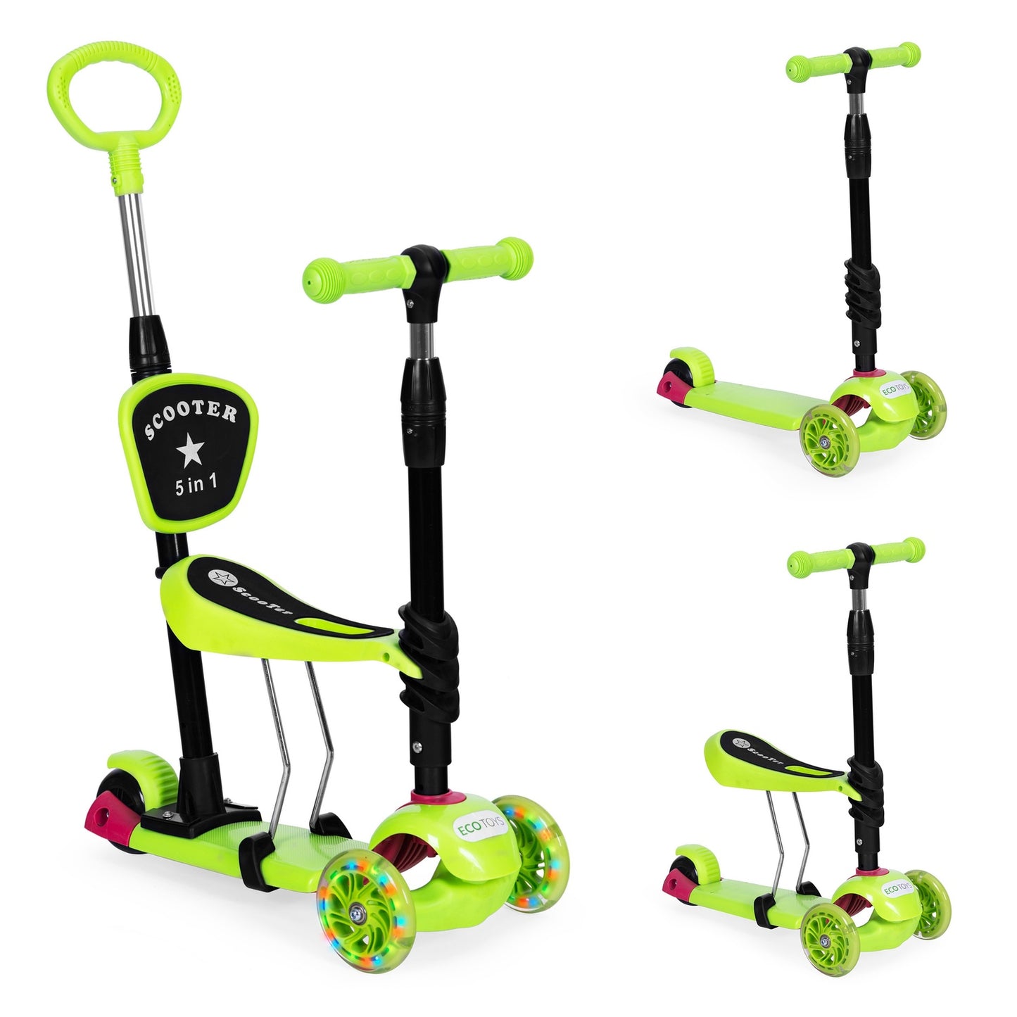 Three-wheeled balance scooter with light-up wheels LED, 3-in-1 - green ECOTOYS