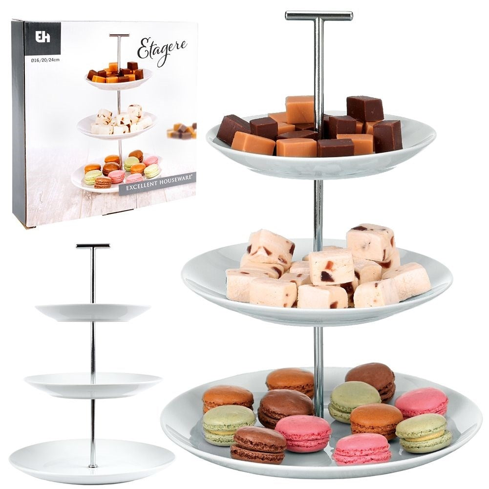 Tiered dishes for cakes, tarts, fruit and snacks in white porcelain