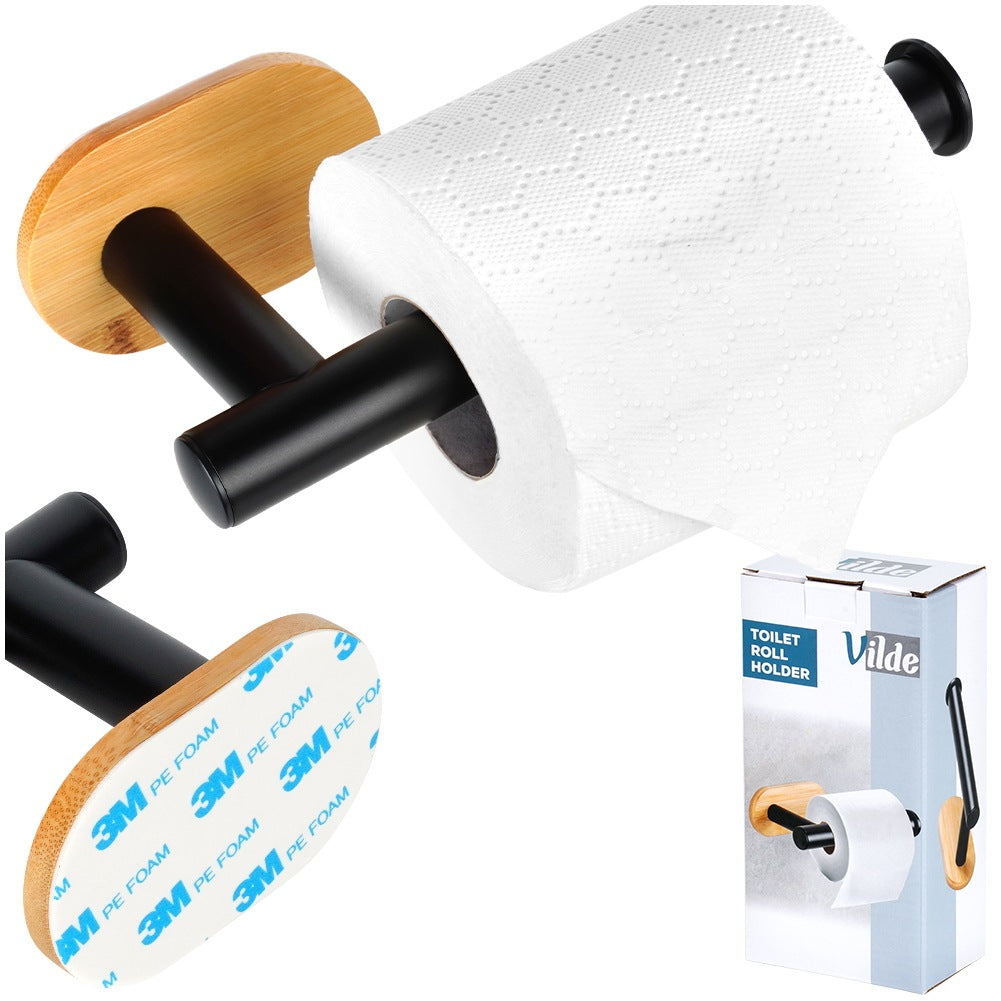 Toilet Paper Holder, Black Steel & Bamboo, 17 cm