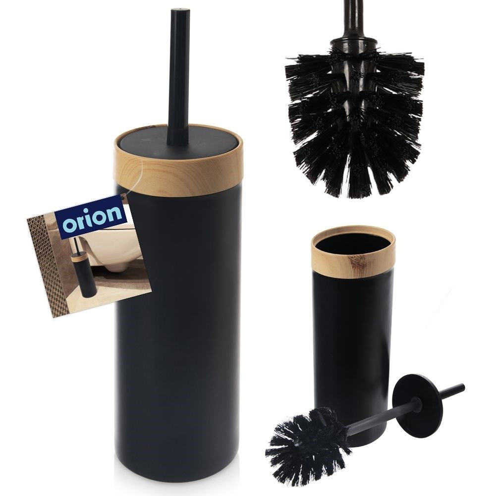 Toilet brush with container, simple design, black plastic brush