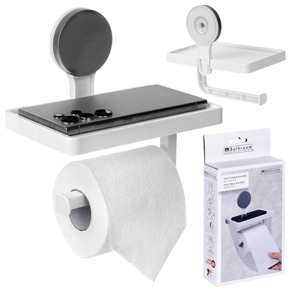 Toilet paper holder with suction cup shelf