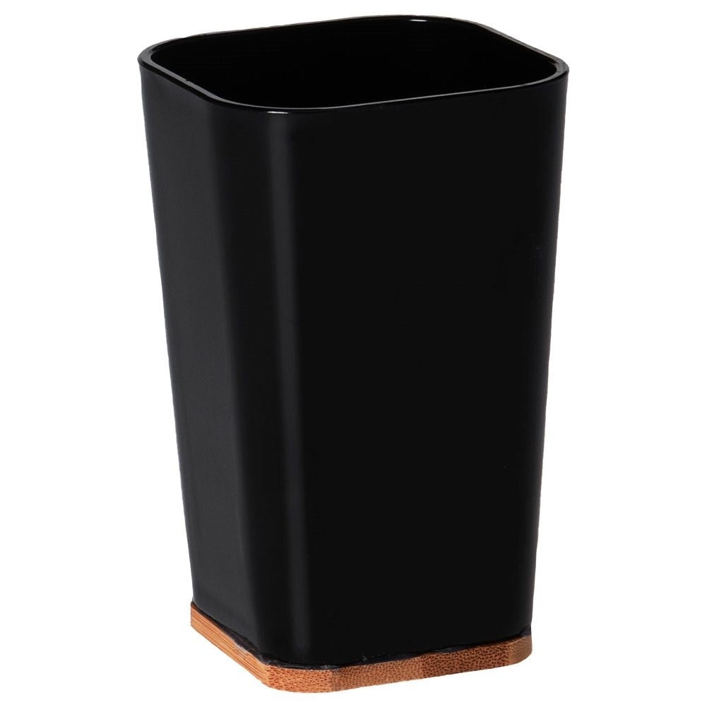 Toothbrush mug in black plastic and bamboo for modern interior design