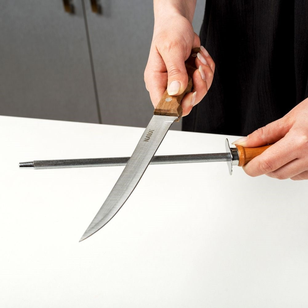 Traditional stainless steel knife sharpener with wooden handle