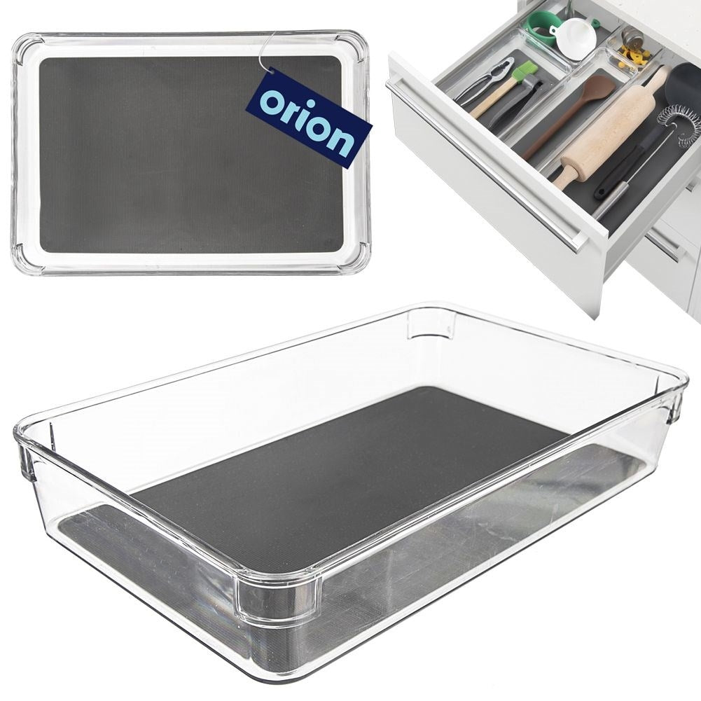 Transparent storage box with non-slip feet and rubber mat