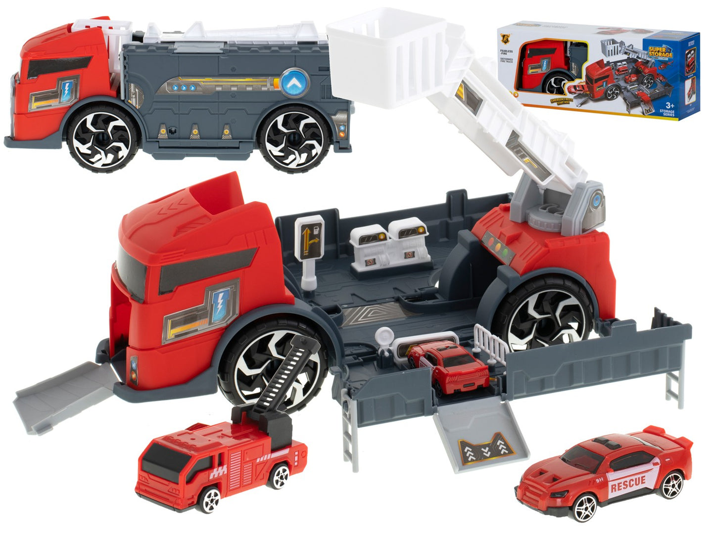 Transporter truck TIR 2in1 parking garage fire brigade + 3 cars red