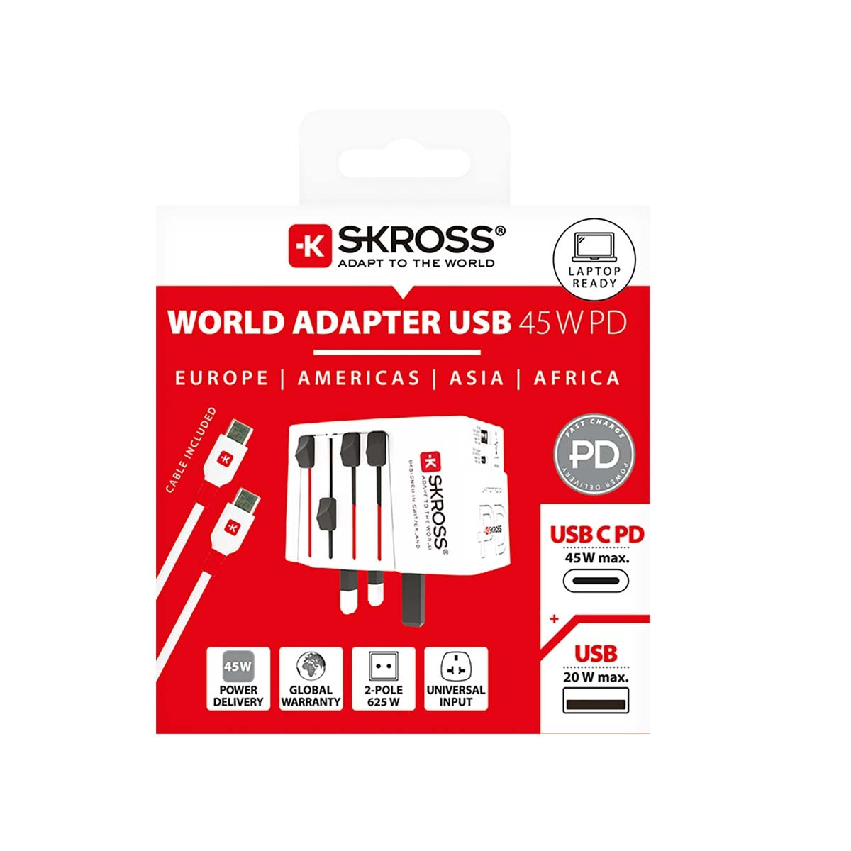 Travel Adapter 2-pole world travel adapter with integrated Dual USB Charger (1x USB C & 1 x USB) 45 Watt Power Delivery