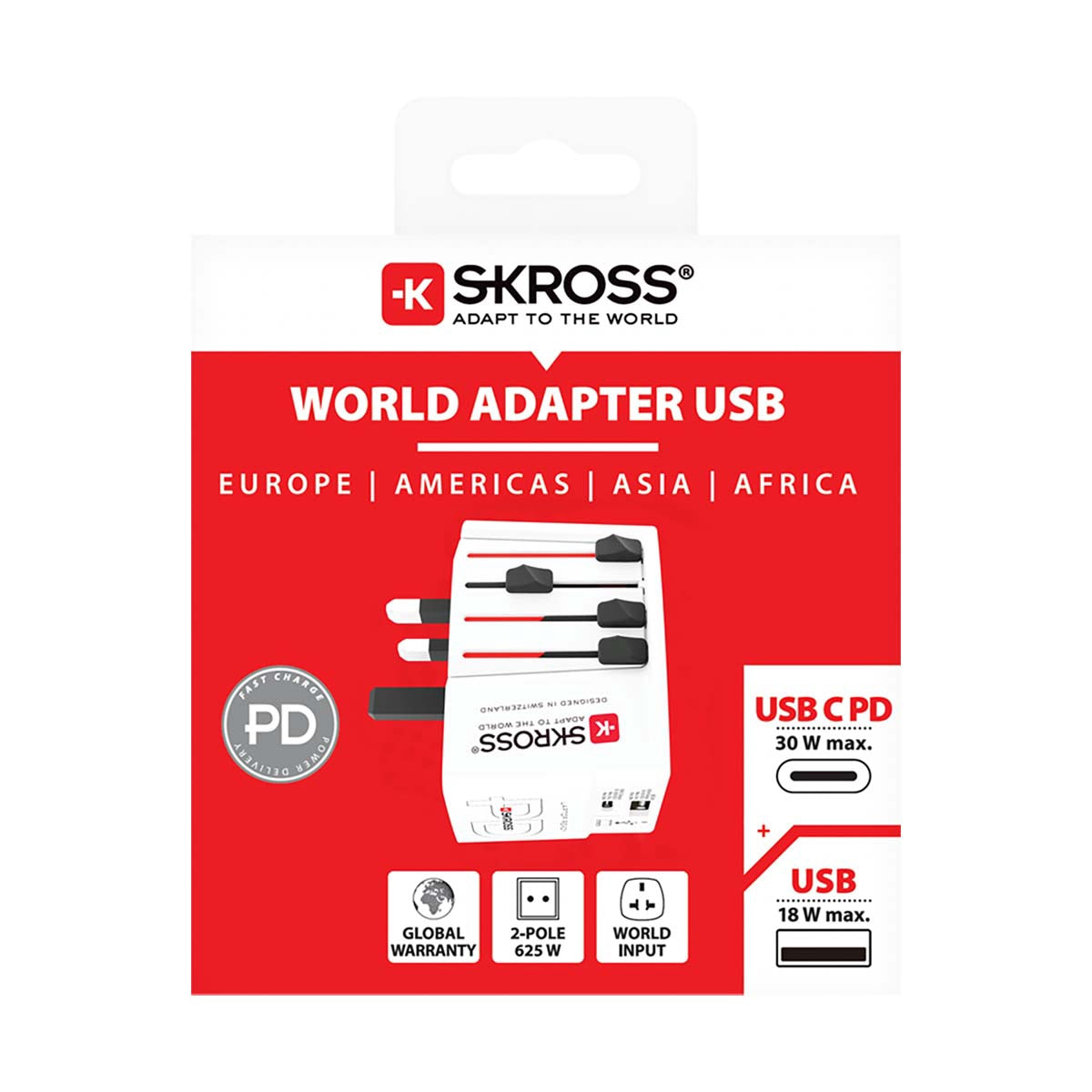 Travel Adapter with Dual 30W USB Charger, 2-Pole