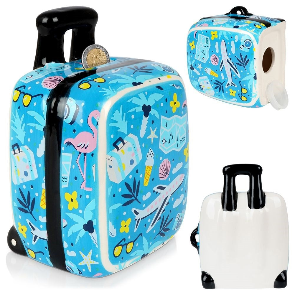 Travel bag-shaped piggy bank in blue ceramic with travel details