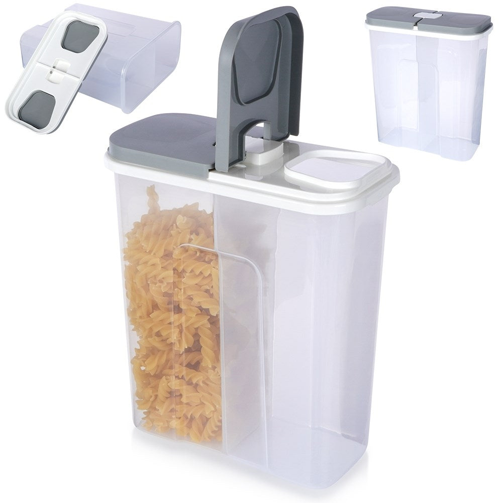 Two-compartment container for dry food with dosing lid
