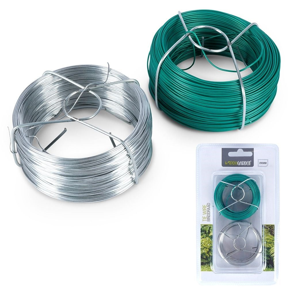 Two garden wires, 50m - metal & plastic coated green