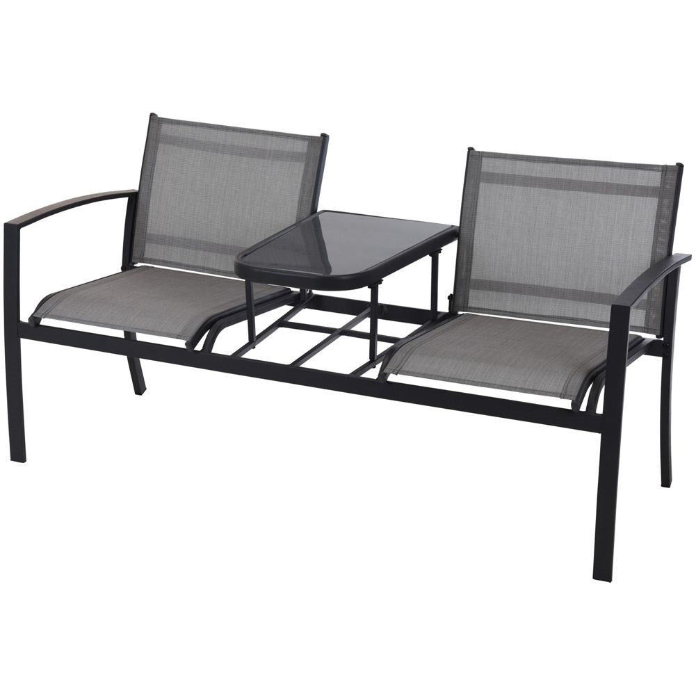 Two-seater bench with table and chairs in gray metal, glass, plastic