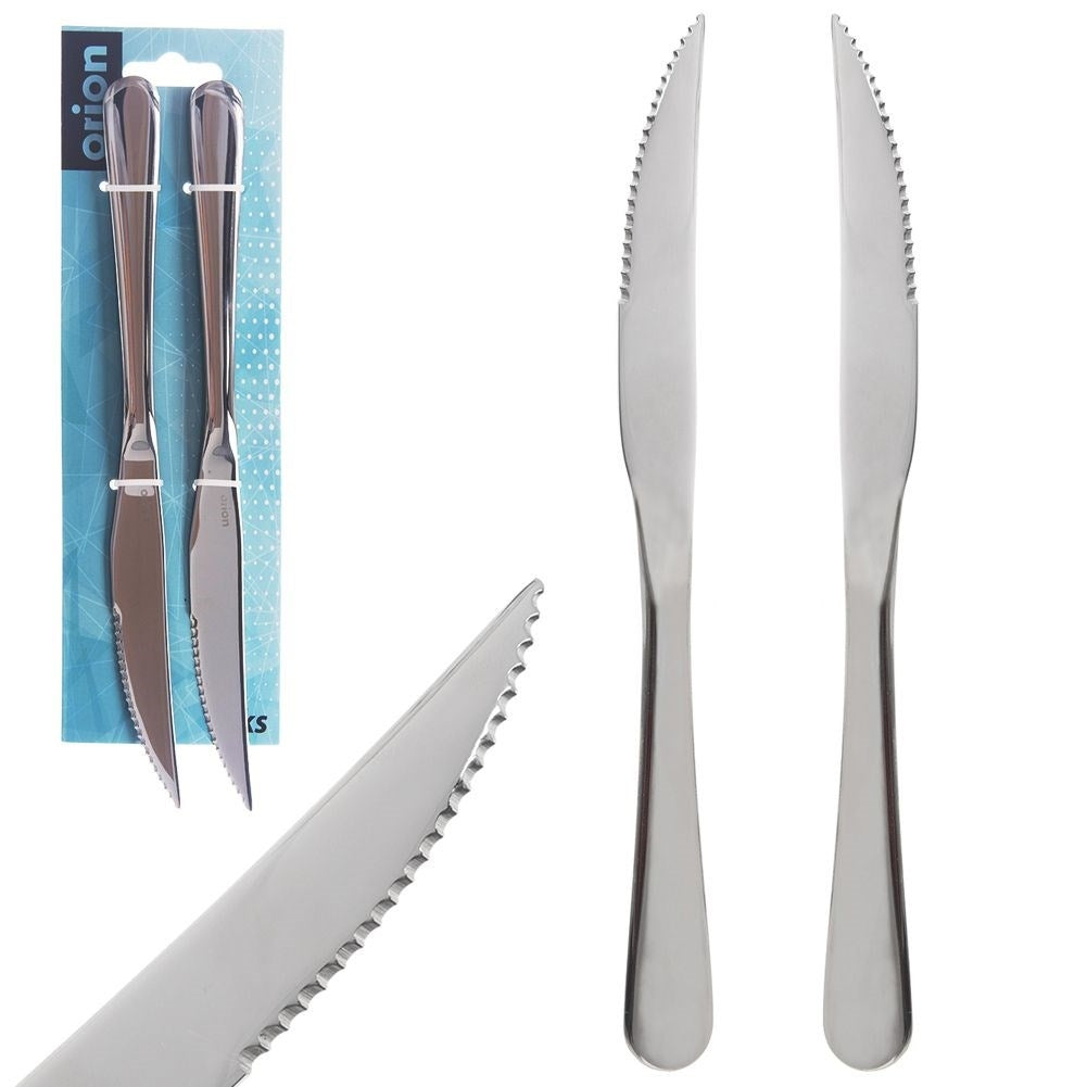 Two serrated stainless steel knives for pizza and steaks