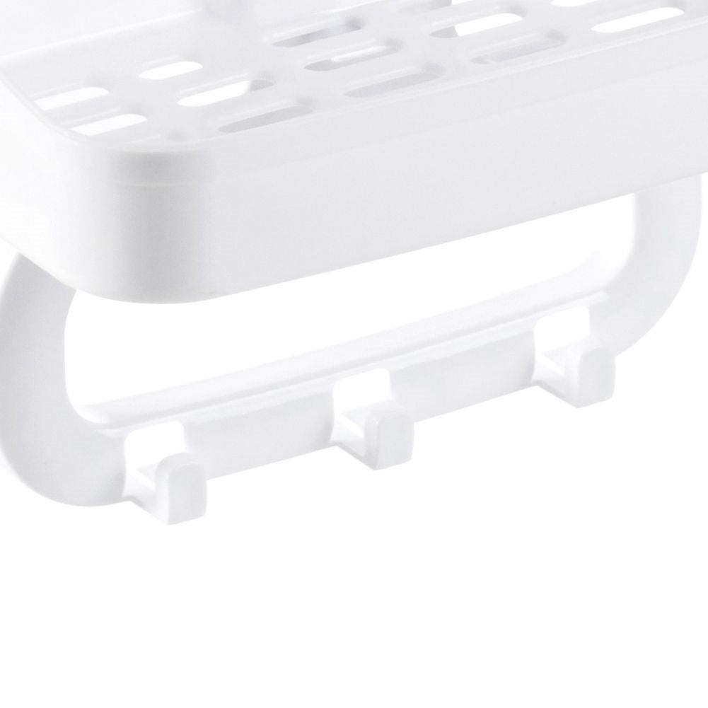 Two-tier bathroom shelf with hooks, easy installation.