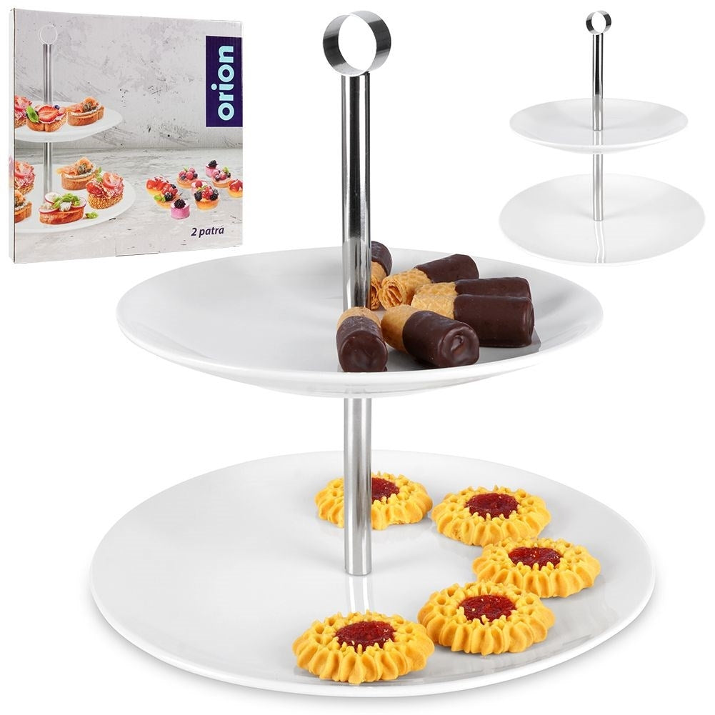 Two-tier cookie dish in white porcelain and stainless steel