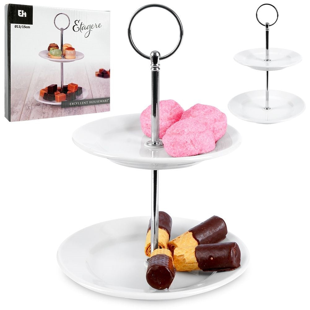 Two-tier porcelain dish for cupcakes, cakes and desserts