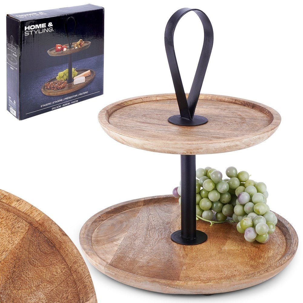 Two-tier tray in mango wood for cakes, fruit and snacks