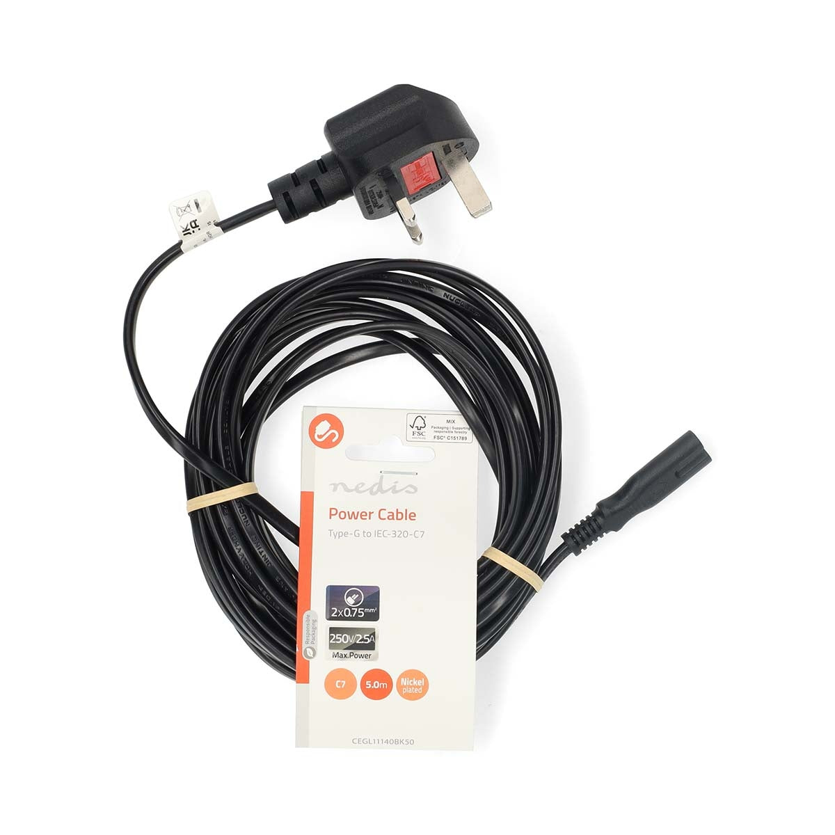 UK Power Cable | UK Male | IEC-320-C7 | 5.00 m | Yes | 2 x 0.75 mm² | Copper | Round | Nickel Plated | UK | PVC | Power plug: Type G | 250 V AC | 3 A | Black