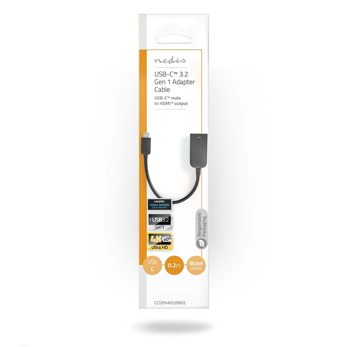 USB-C™ Adapter | USB 3.2 Gen 1 | USB-C™ Male | HDMI™ Female | 4K@60Hz | 0.20 m | Round | Nickel Plated | PVC | Black | Plastic bag