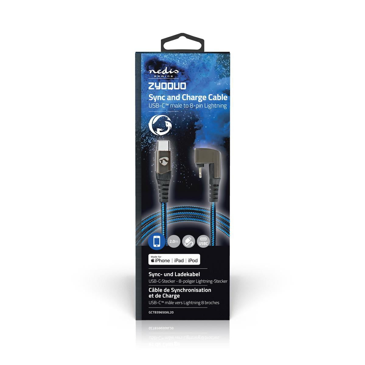 USB cable | USB 2.0 | Apple Lightning, 8-pin | USB-C™ Male | 60 W | 480 Mbps | Nickel Plated | 2.00 m | Round | Braided / Nylon | Blue / Black | Carton with covered window