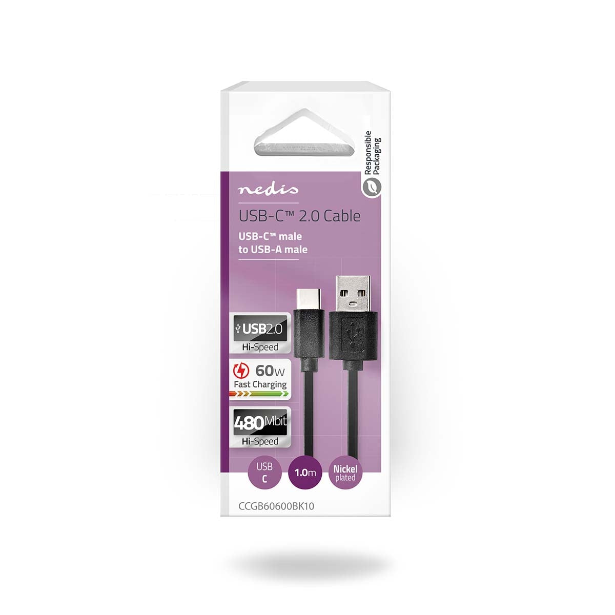 USB cable | USB 2.0 | USB-A Male | USB-C™ Male | 60 W | 480 Mbps | Nickel Plated | 1.00 m | Round | PVC | Black | Box