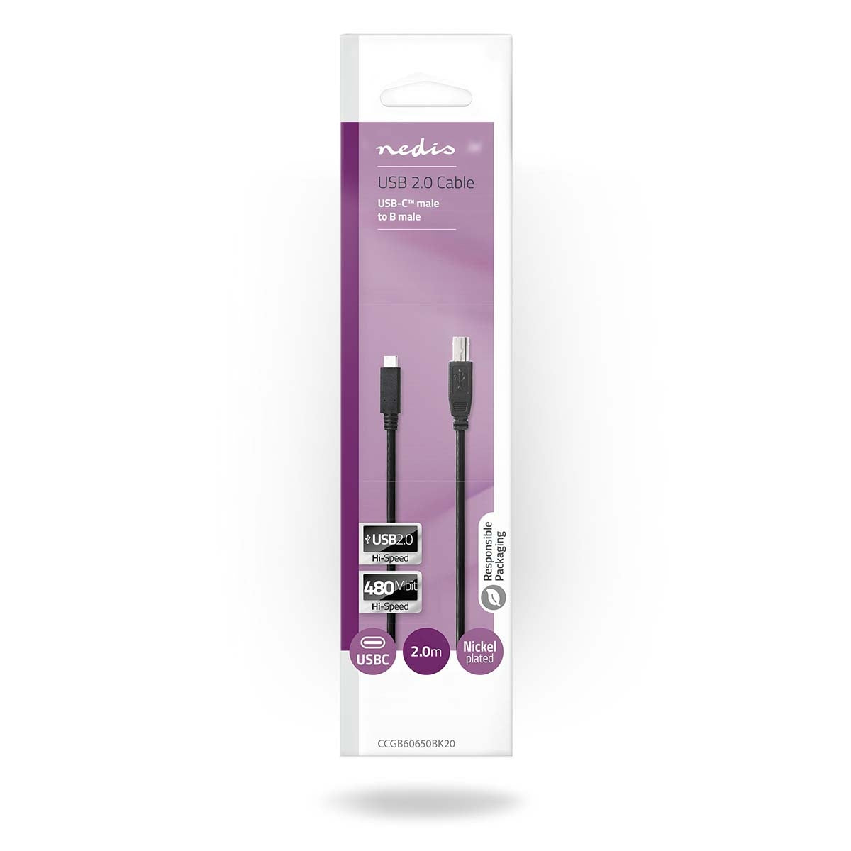 USB cable | USB 2.0 | USB-C™ Male | USB-B Male | 480 Mbps | Nickel Plated | 2.00 m | Round | PVC | Black | Box