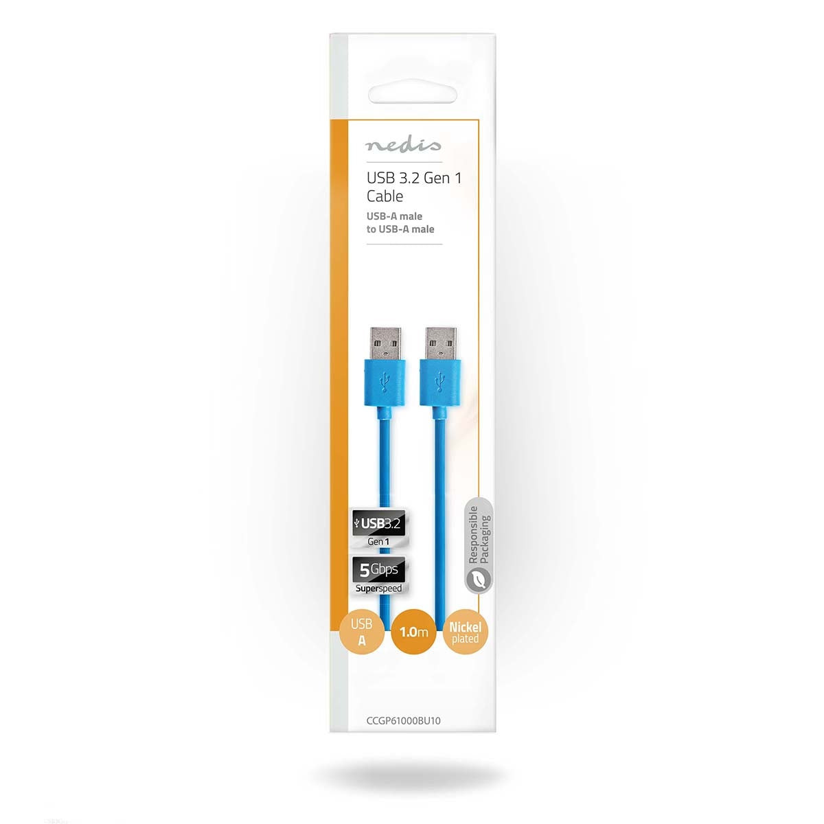 USB cable | USB 3.2 Gen 1 | USB-A Male | USB-A Male | 5 Gbps | Nickel Plated | 1.00 m | Round | PVC | Blue | Plastic bag