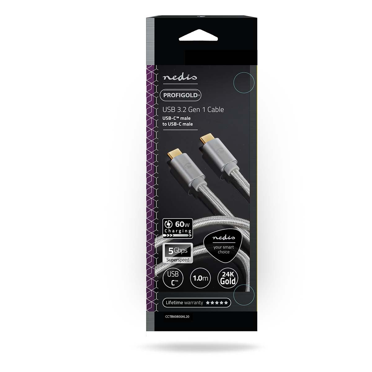 USB cable | USB 3.2 Gen 1 | USB-C™ Male | USB-C™ Male | 60 W | 4K@60Hz | 5 Gbps | Gold Plated | 1.00 m | Round | Braided / Nylon | Aluminum | Carton with covered window