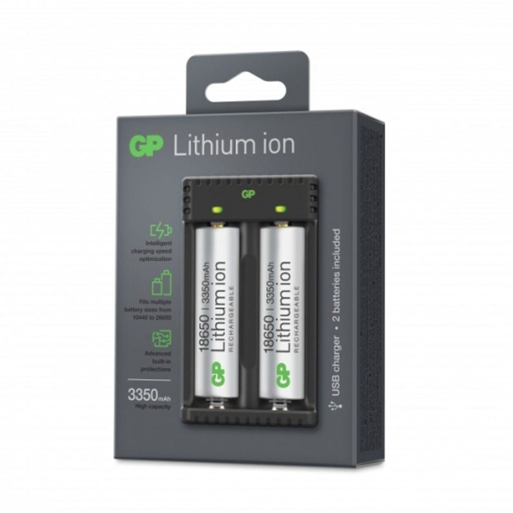 USB charger GP for li-ion 18650 /18500 / 26650 / 10440 / 14500 incl 2x 18650 3350mah