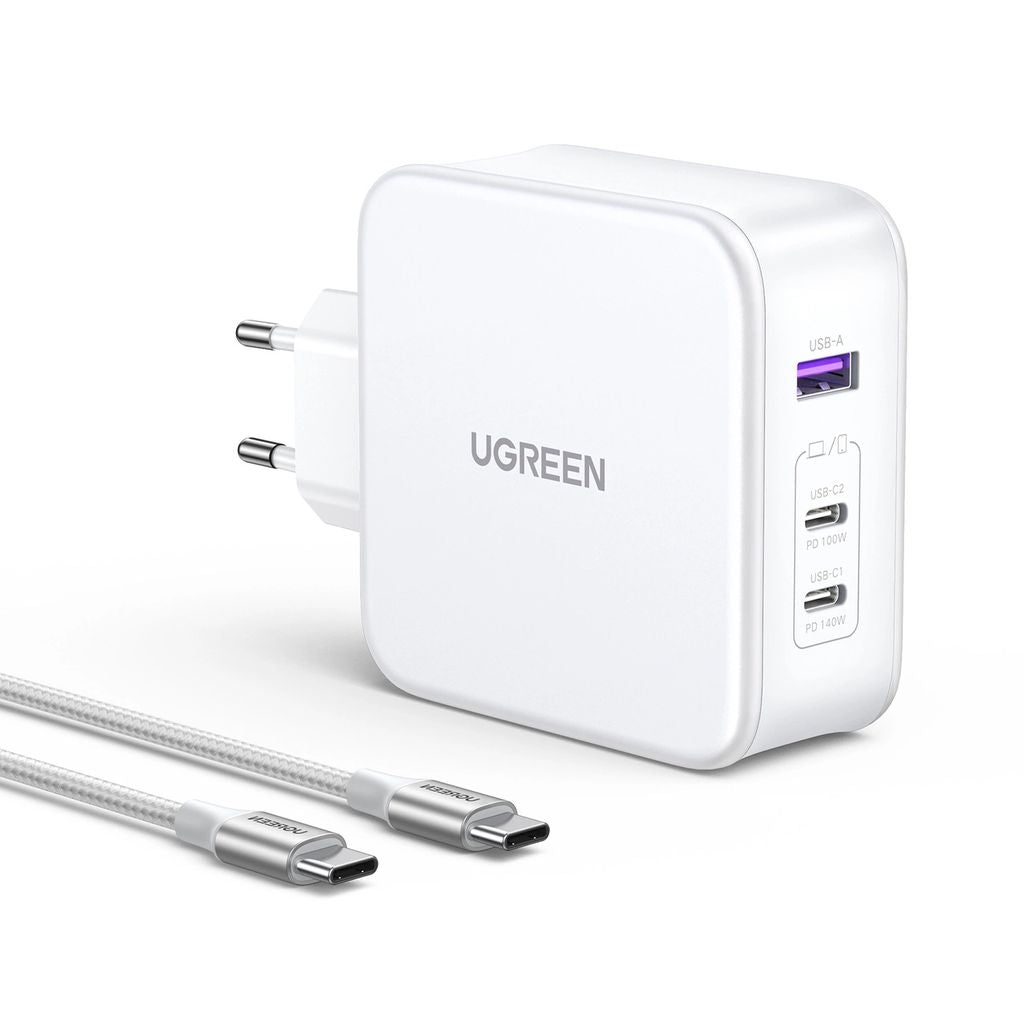 Ugreen GaN Fast charger 2x USB-C, 1 x-USB-A, PD, QC + USB-C cable, 1.5 m - White - White