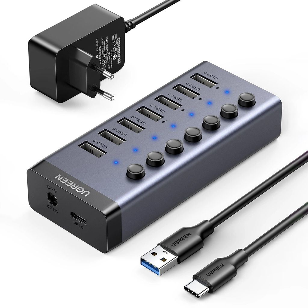 Ugreen Hub USB-C to 7x USB-A 3.0, PD, DC 12V - Gray