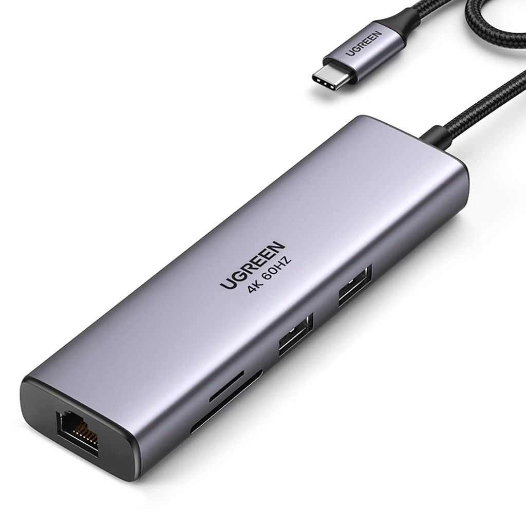Ugreen USB-C Adapter to 2x USB-A 3.0 / HDMI / RJ45 / SD / TF / USB-C PD, 100W - Gray