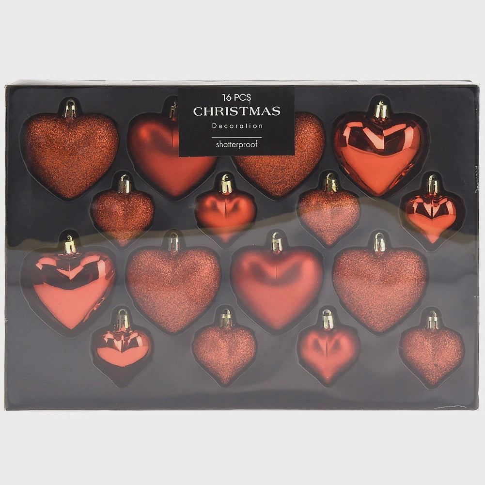 Unbreakable Red Heart Christmas Baubles, 4.5/8 cm, 16 pcs
