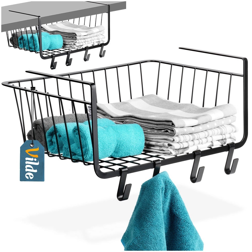 Under Shelf Metal Storage Basket with Hooks, Black 40.5x26x16 cm