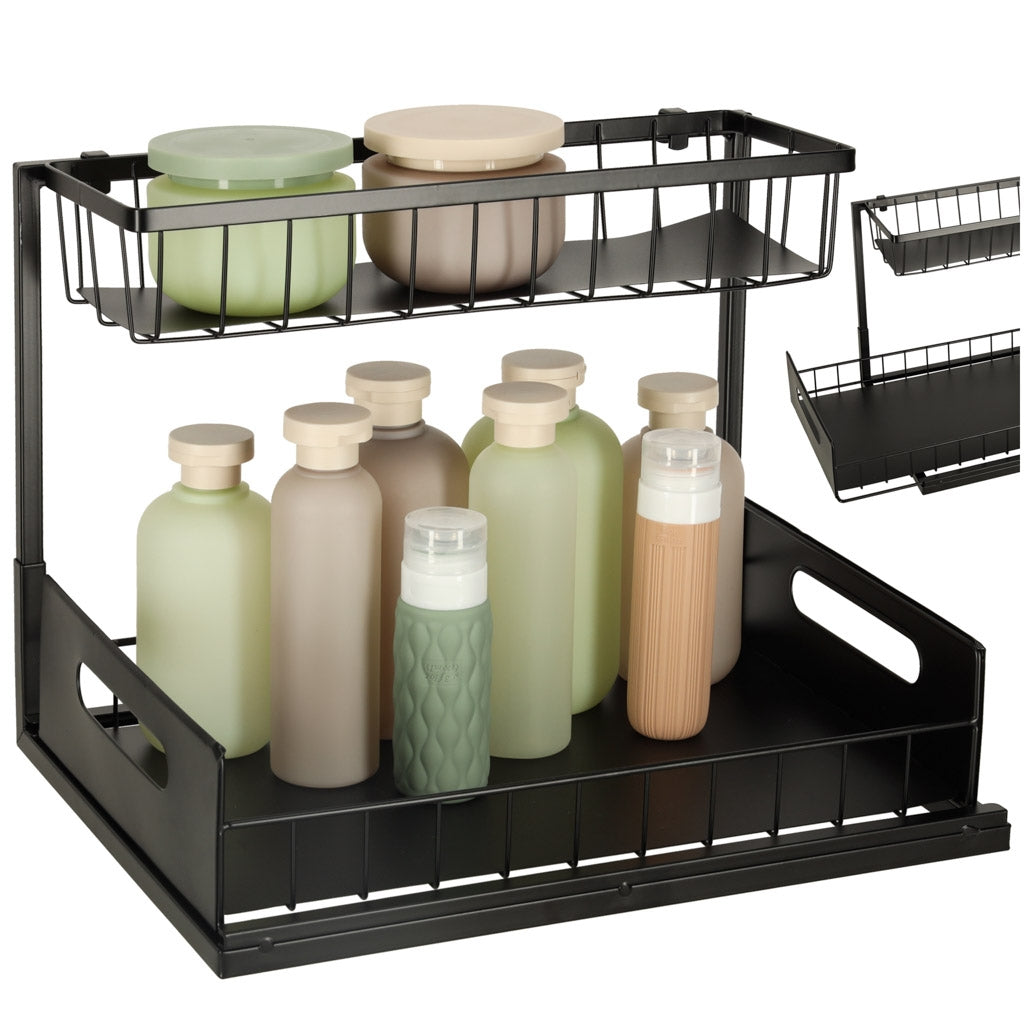 Under-sink organizer for two-tier cabinet