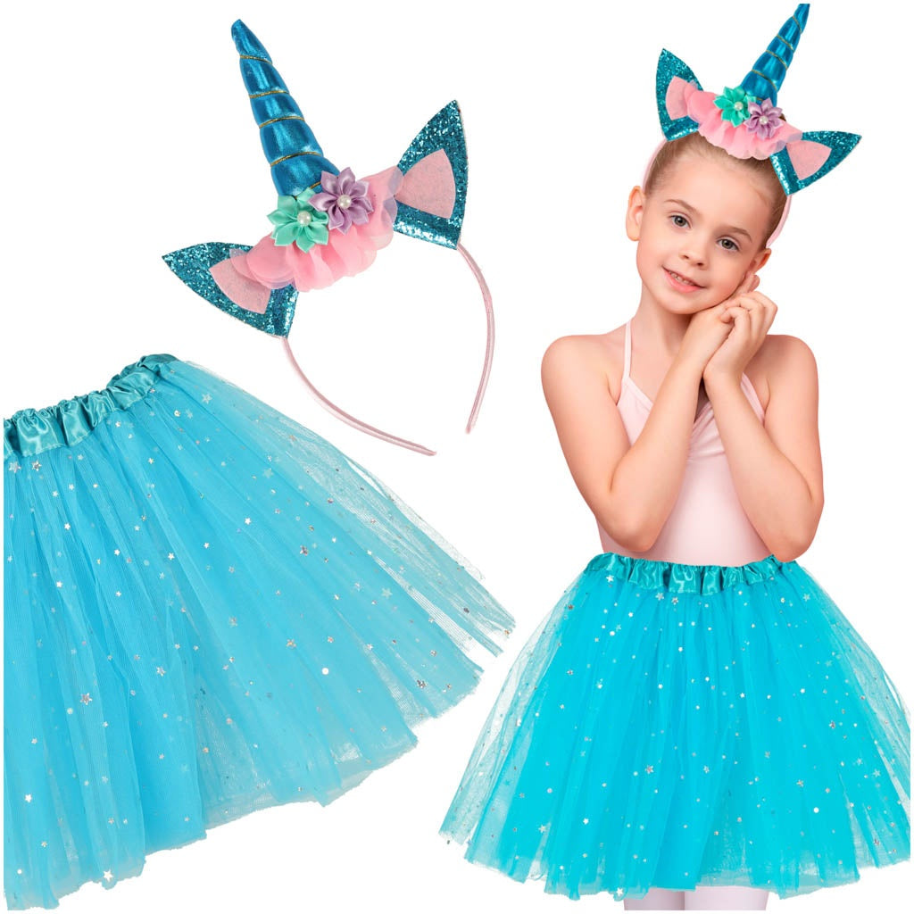 Unicorn carnival costume headband + skirt blue 3-6 years old
