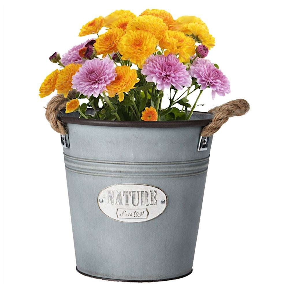 Unique retro metal pot with rope handle for indoor/outdoor use