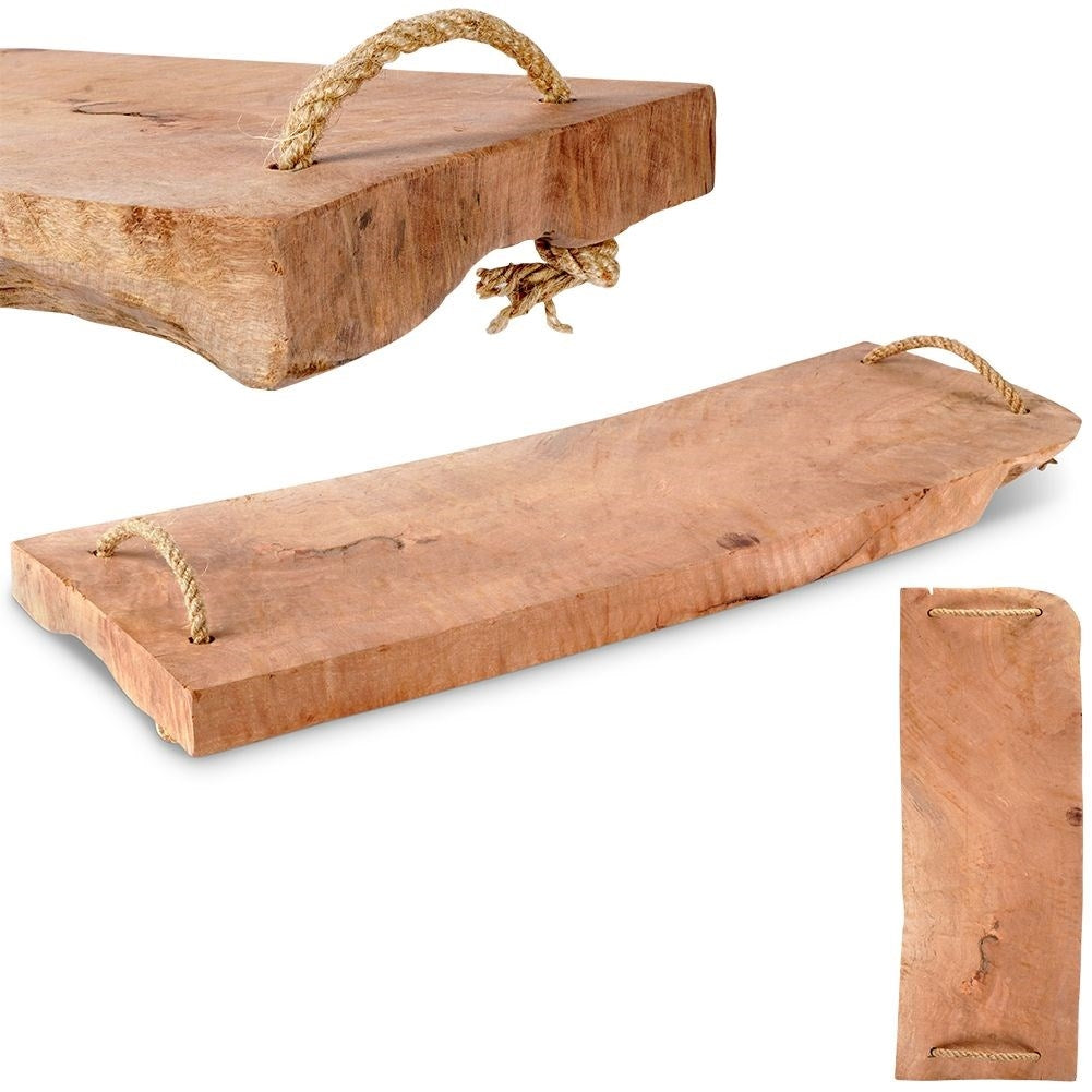 Unique wooden serving board with jute handle, cutting/serving
