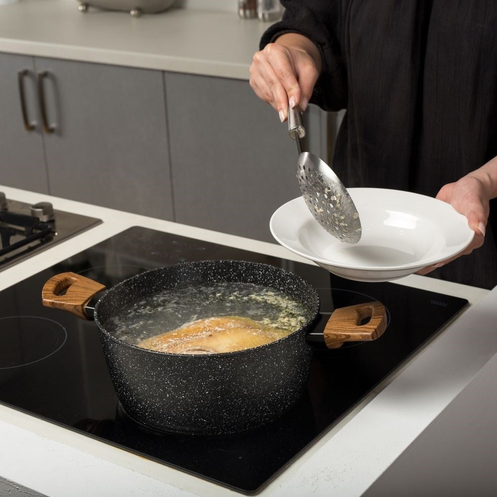Universal kitchen spoon for draining, matt stainless steel